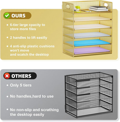 Marbrasse 6 Tier Paper Organizer Letter Tray - Mesh Desk File Organizer with Handle, Paper Sorter Organizer for Letter/A4 Office File Folder Holder - Black