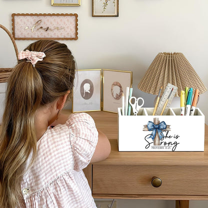 Purple Coquette Bow Pen Pencil Holder for Desk, Girly Office Decor, Preppy Purple Bow Aesthetic Wooden Box Sign Decorations for Girly Room Bedroom Dorm Office Desk Tabletop
