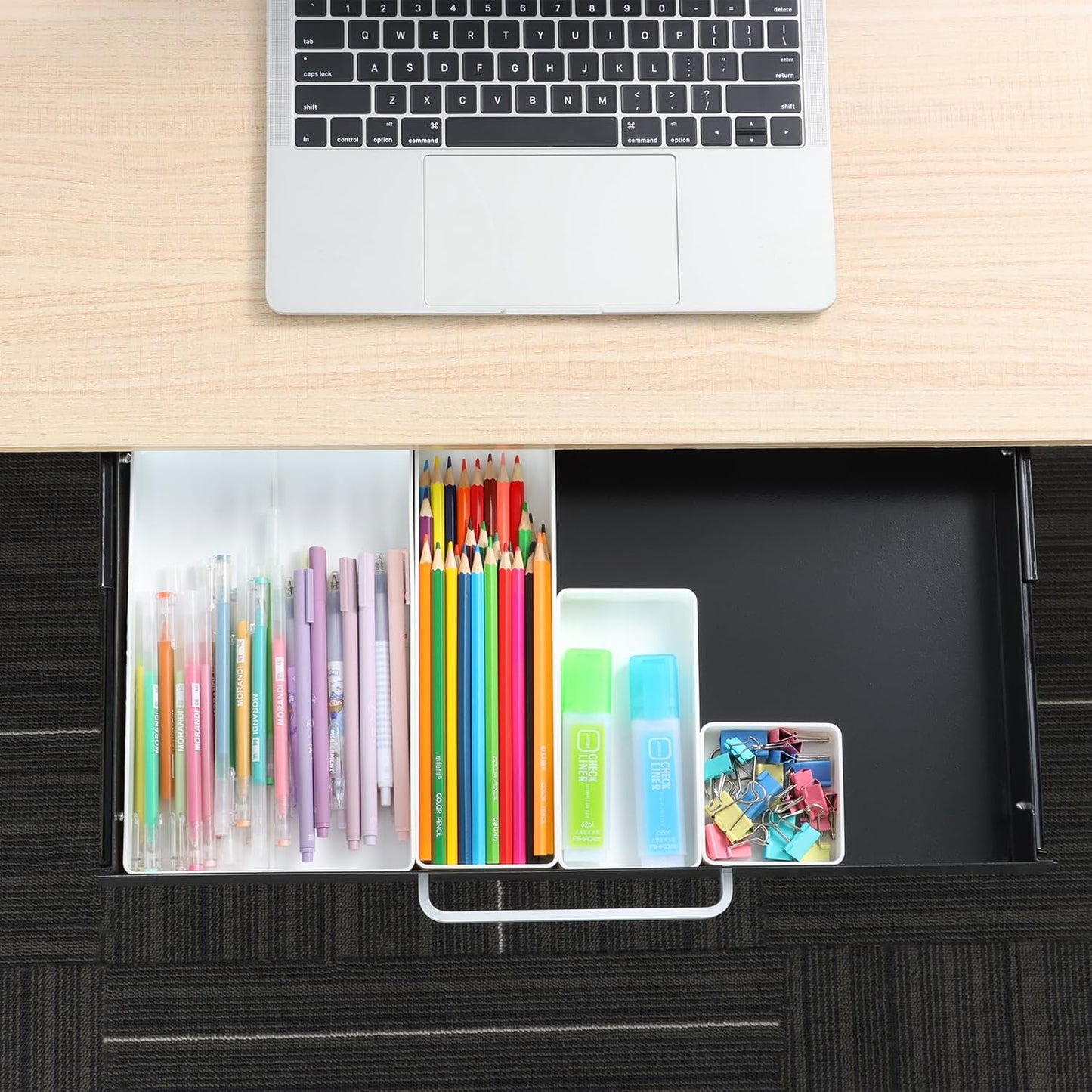 Under Desk Drawer Organizer 21" White Upgrade with Adjustable Brackets, Sliding Pull-Out Under Table Pencil Drawer, Office Standing Desk Attachment for Workbench