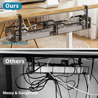 Under Desk Cable Management Tray No Drill, Metal Mesh Cable Management Under Desk with Clamp Mount, 2 Hole Cable Tray with Wire Management and Cord Organizer for Home Office Standing Desk