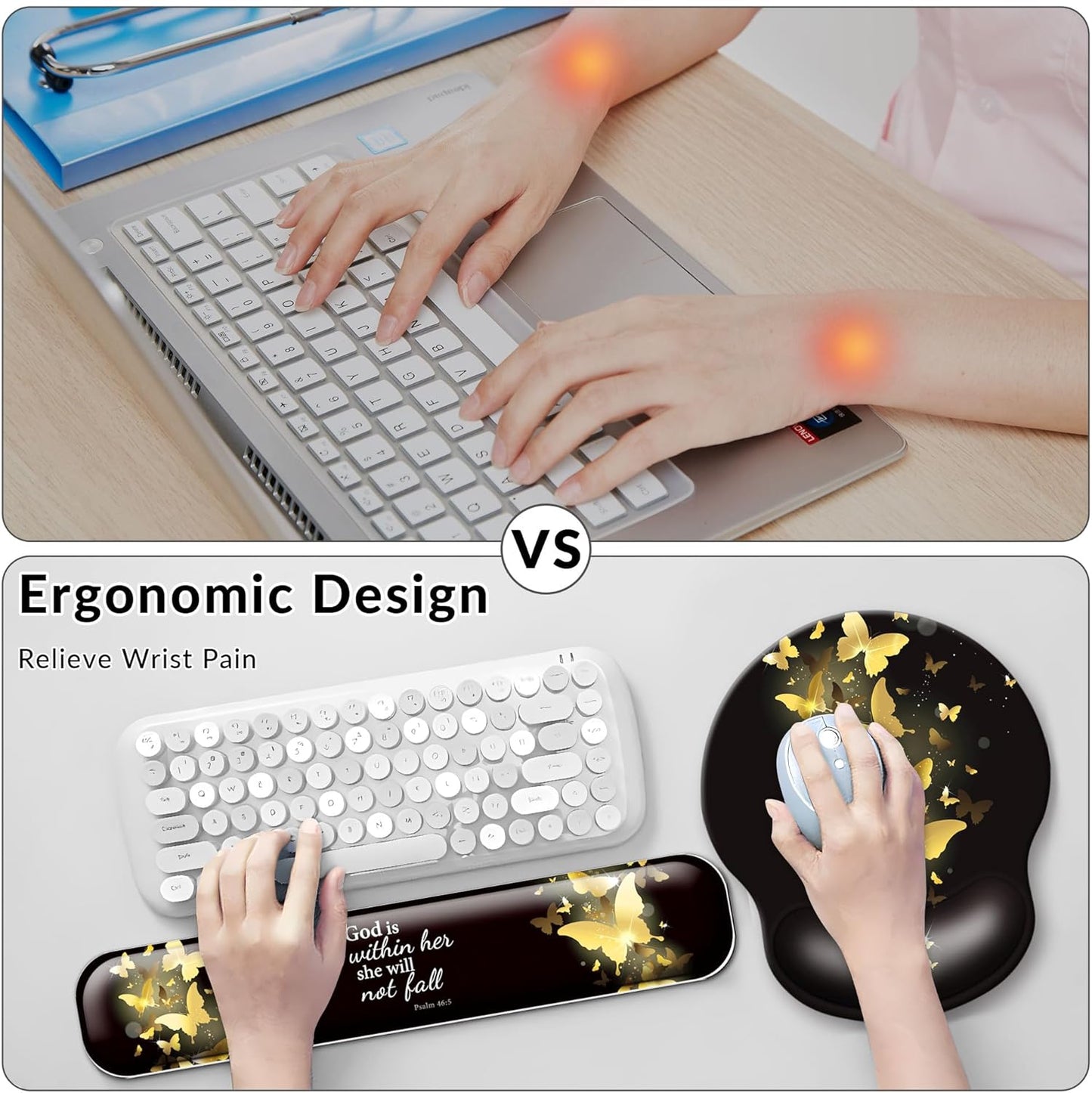 Desk Mat Set + Keyboard and Mouse Pad with Wrist Rest Support,4-in-1 Large Mousepad Computer Mats for Desktop Home & Office-Purple Butterflies