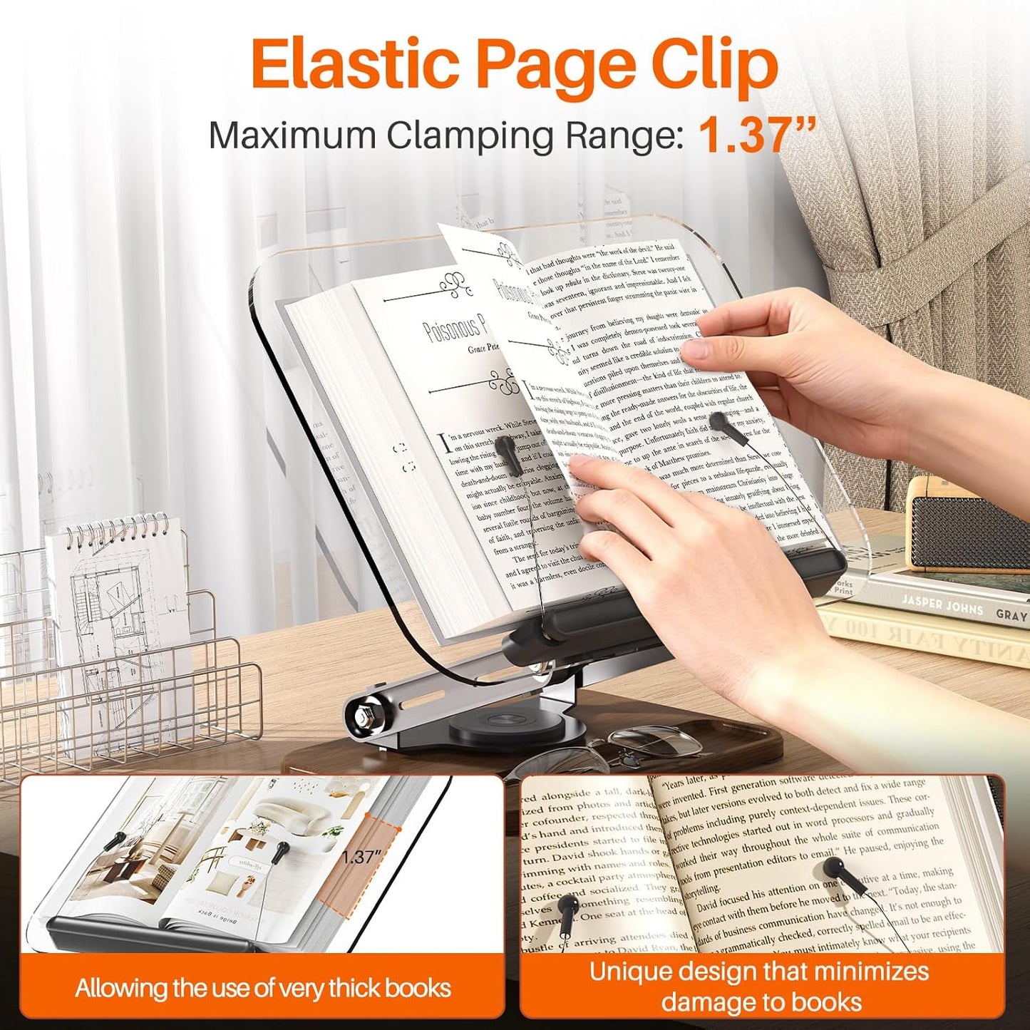 BYMECOST Acrylic Book Stand for Reading, Adjustable Book Holder with 360° Rotating Base & Elastic Page Clips, Foldable Desktop Riser Stand for Cookbook,Laptop,Tablet,Music Scores,Recipe,Textbook