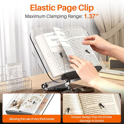 BYMECOST Acrylic Book Stand for Reading, Adjustable Book Holder with 360° Rotating Base & Elastic Page Clips, Foldable Desktop Riser Stand for Cookbook,Laptop,Tablet,Music Scores,Recipe,Textbook