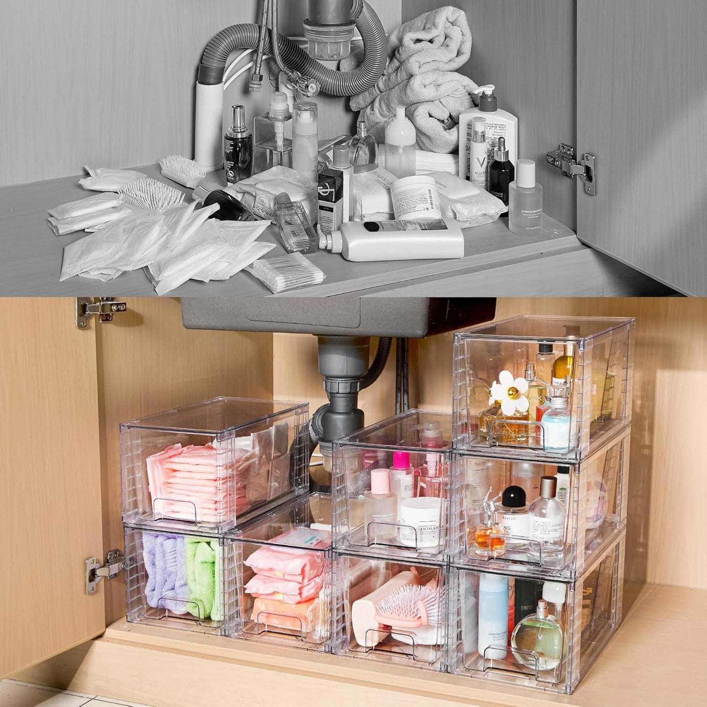 Vtopmart 4 Pack Stackable Storage Drawers,Clear Acrylic Drawer Organizers with Handles, Easily Assemble for Fridge, Bathroom,Kitchen Undersink,Cabinet,Pantry Organization and Storage