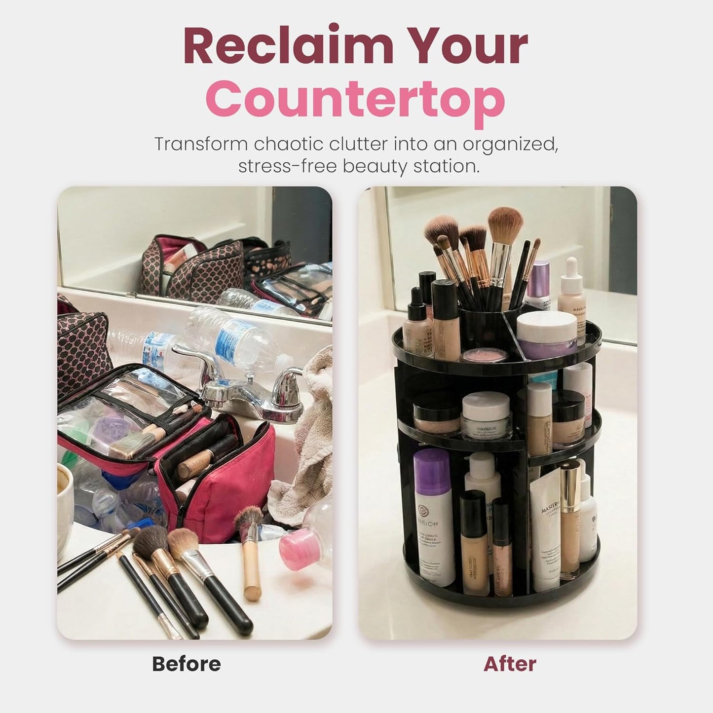 Masirs Small 360 Rotating Makeup Organizer - Mini Yet Spacious Cosmetic Storage Solution with Multiple Compartments - The Perfect Spinning Make-Up Caddy for Vanity or Bathroom Counter (Round - Clear)