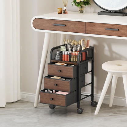 SWTYMIKI Rolling Makeup Organizer Cart - Under Desk Vanity Makeup Storage with 3 Non-woven Drawers, Nail Cart Organizer Cosmetic Display Cases Cabinet for Skin Care Perfume Nail Polish Brush Hair Tool