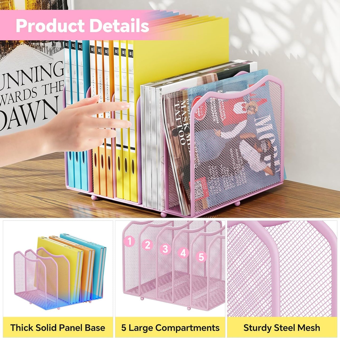 Simple Trending Mesh Desktop File Sorter Organizer, 5-Section Bookshelf for Desk Home Office, Black