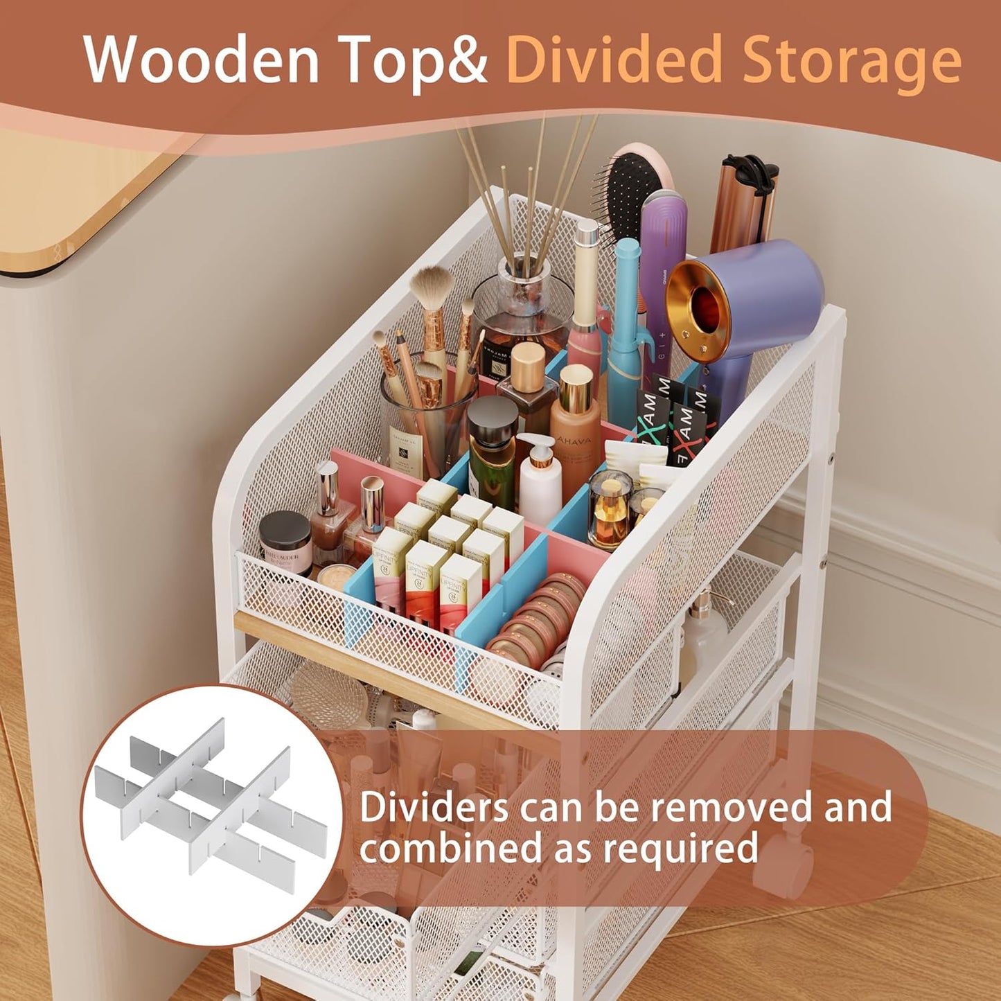 Rolling Makeup Cart Organizer with 3 Drawers, 4-Tier Narrow Floor Skincare Organizers with dividers, Vanity Organizer Cosmetics Display Cases for Makeup Brush, Hair Tool, White