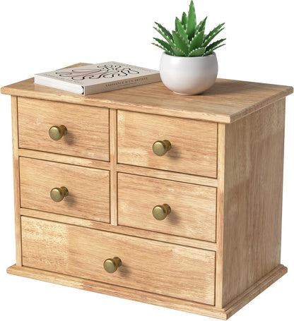 Oak Desk Organizer with Drawers, Durable Wooden Desktop Storage Box with Metal Handles & Non-Slip Silicone Pads, 4 Drawer Tabletop Organizer for Office, Bedroom, Bathroom, Vanity, and Makeup – Walnut