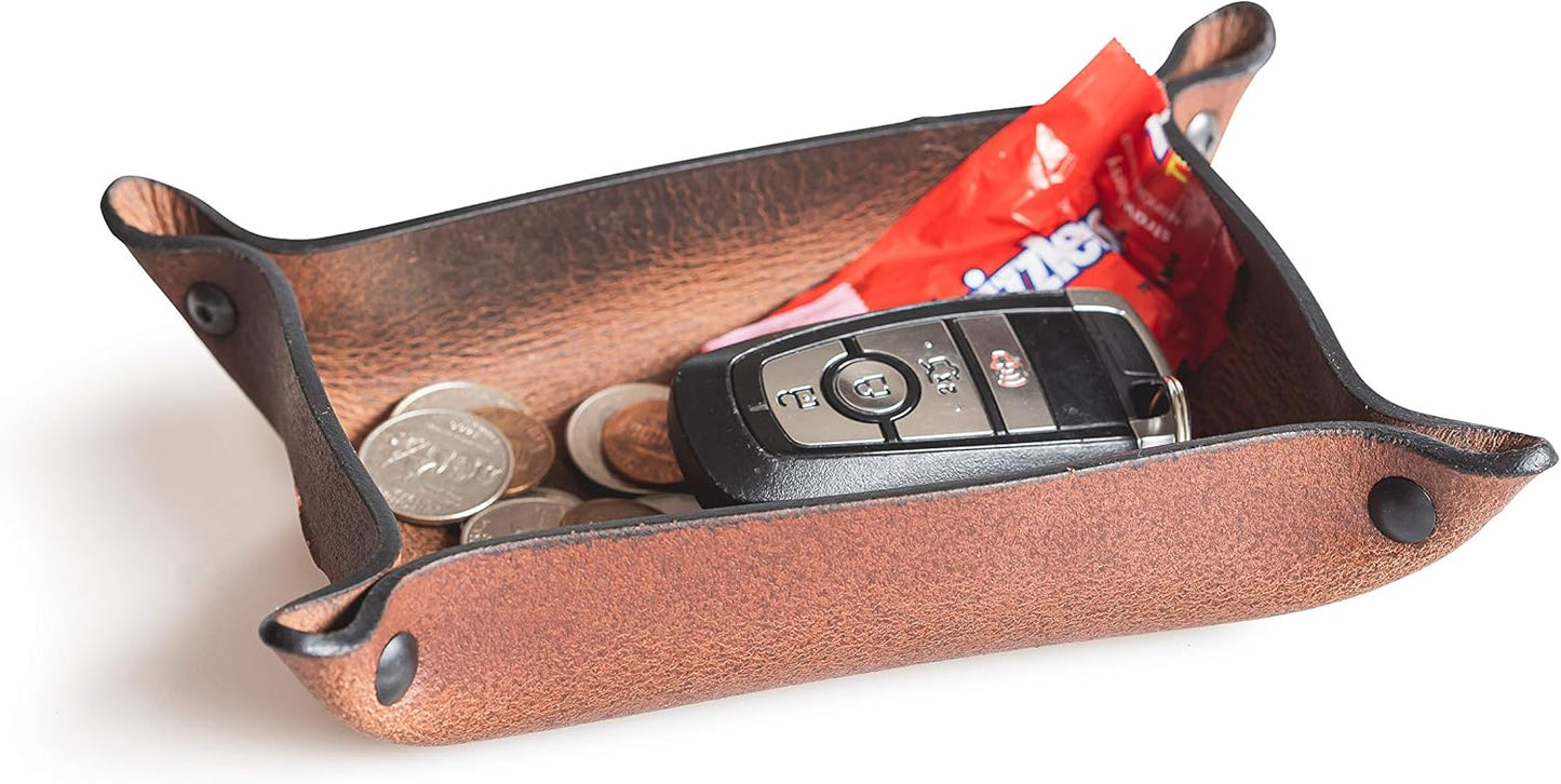 Main Street Forge Leather Valet Tray for Men – Rustic EDC Organizer for Keys, Phone & Wallet – Made in USA – Whiskey Barrel Brown