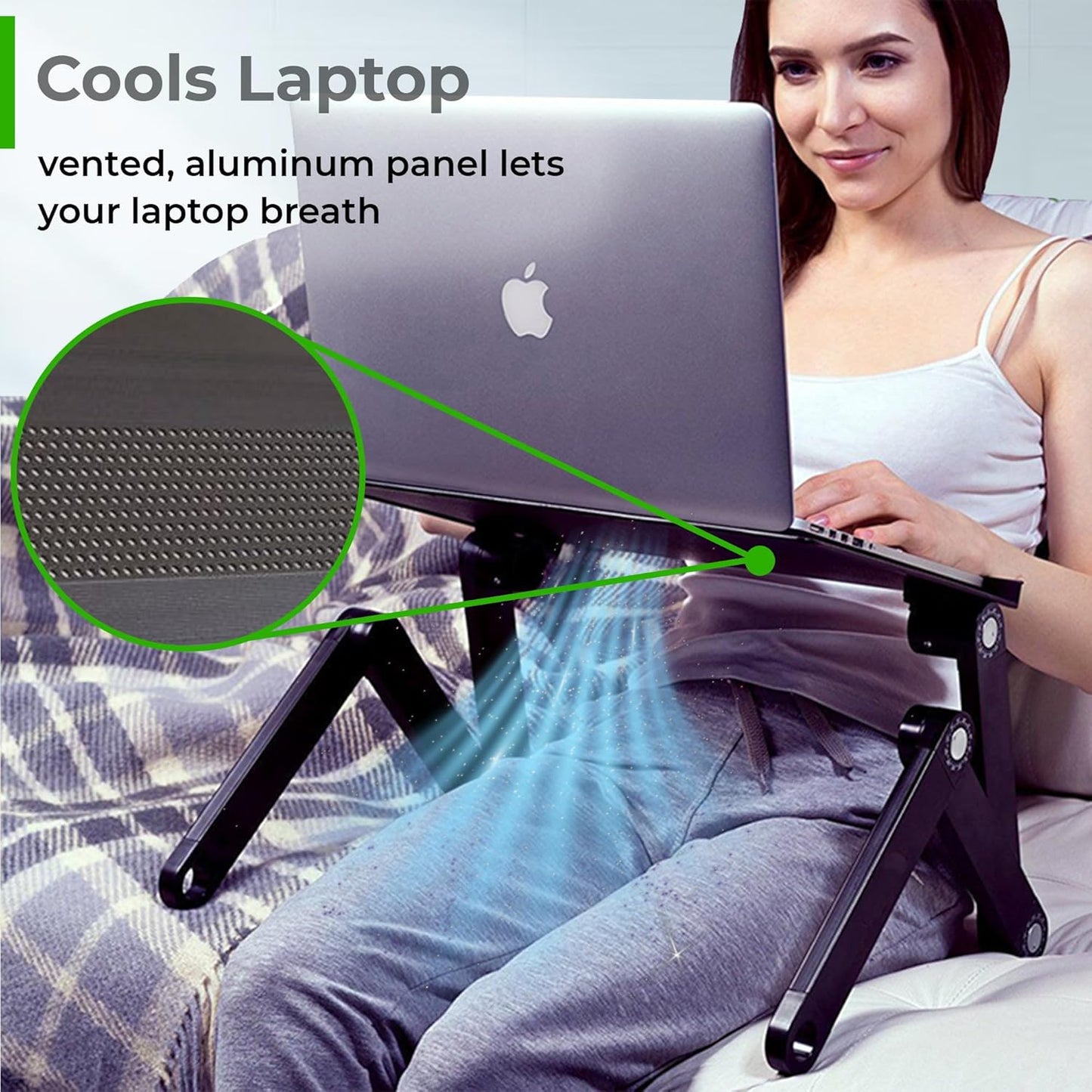 WorkEZ Executive Adjustable Ergonomic Laptop Cooling Stand & Lap Desk for Bed Couch folding aluminum desktop computer riser tray height tilt angle portable macbook cooling reading monitor,Black