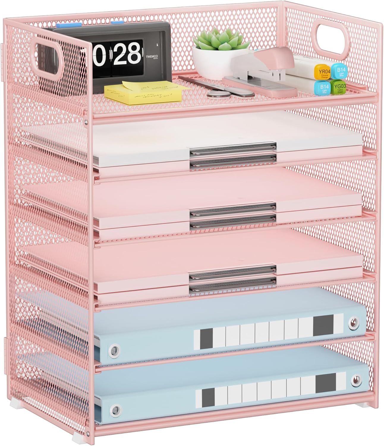 Paper Organizer Letter Tray with Handle, 5-Tier Black Stackable Desk Organizer with Metal Mesh, Sturdy Paper Tray for Office Desk, Home & Classroom Supplies Storage