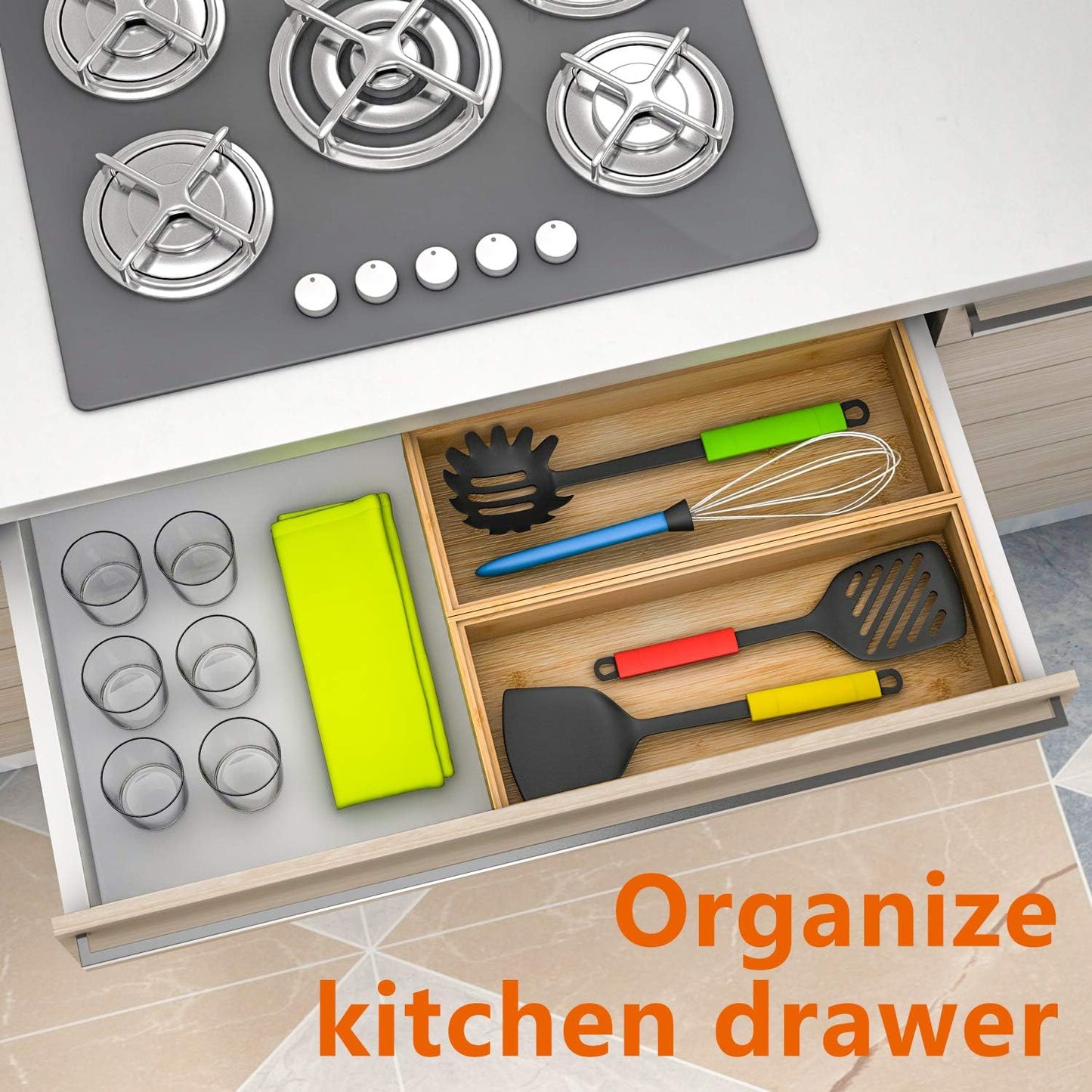 Bamboo Kitchen Drawer Organizer,Stackable Silverware Tray Utensil Organizer Cutlery Holder for Kitchen,Wooden Storage Box for Bathroom, Multi-Use Drawer Organizer for Office,Makeup(12x6x2.5 inch）