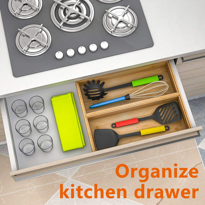 Bamboo Kitchen Drawer Organizer,Stackable Silverware Tray Utensil Organizer Cutlery Holder for Kitchen,Wooden Storage Box for Bathroom, Multi-Use Drawer Organizer for Office,Makeup(12x6x2.5 inch）