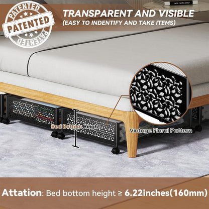 PHINOX Under Bed Storage Containers with Wheels, Under Bed Shoe Storage Organizer Drawer, Tool-free Assembly Metal Storage Containers for Bedroom Clothes Shoes Blankets -2PCK