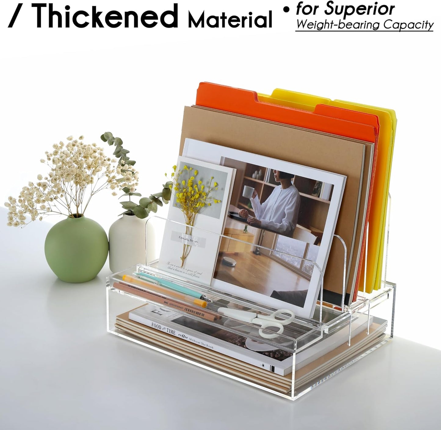 DINGHUO Desk Organizers and Accessories, Acrylic File Folder Rack with 3 Vertical File Holder, Letter Size Paper Tray Office Supplies Storage for Home Office -1 Pack