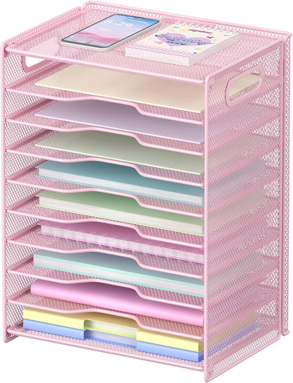 OUTWOLF 10 Tier Paper Organizer - Letter Tray Mesh Desk File Organizer with Handles for Office School Desktop, Black