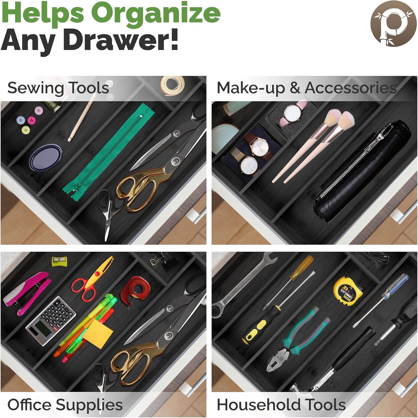 Pristine Bamboo Expandable Drawer Organizers for Kitchen - Extra Deep Non-Slip 17” x 14.6” (expands up to 25 inches) - Dark Wooden Silverware Divider (10 Compartments) – Organize Cooking Utensils