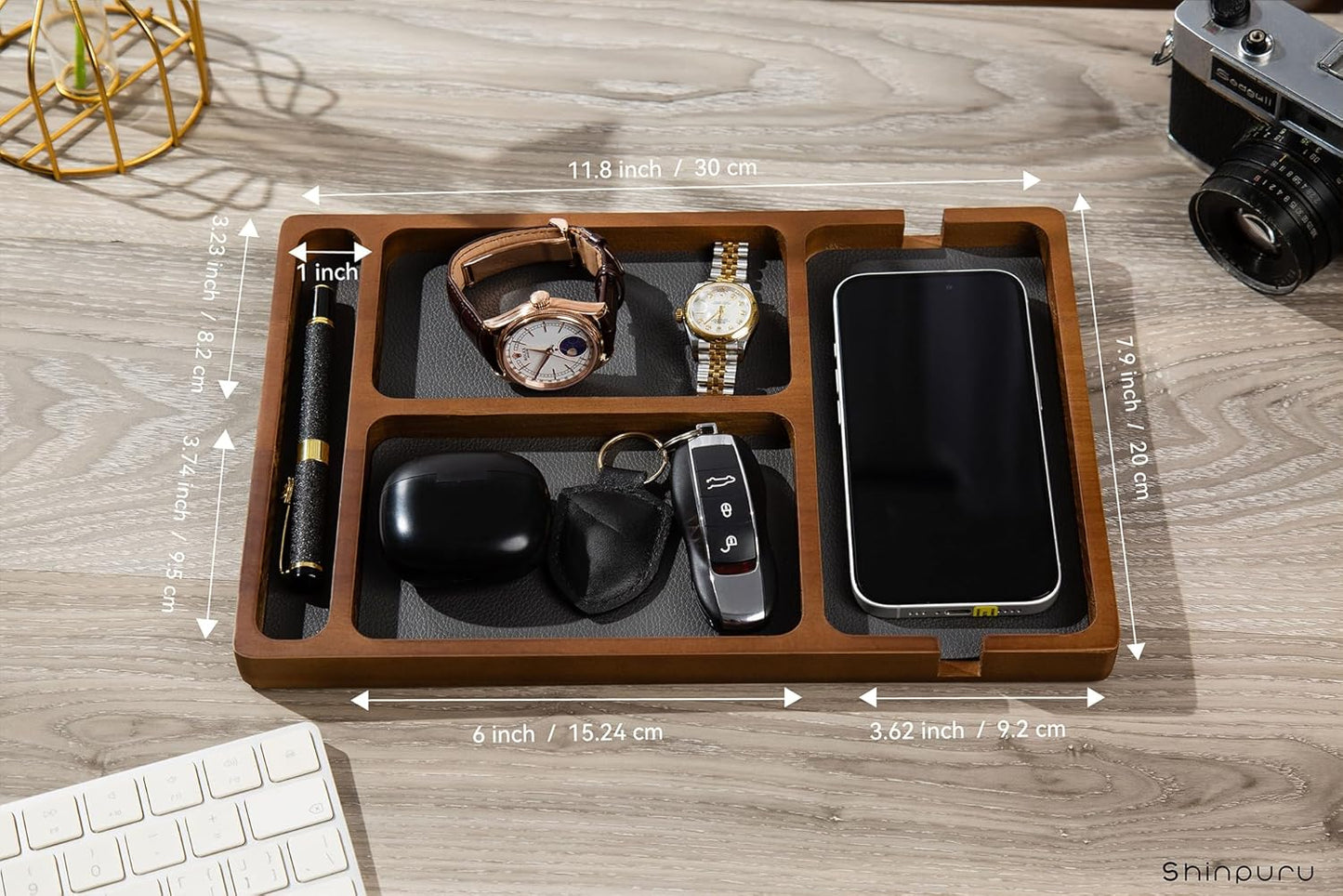 Shinpuru Wooden Valet Tray for Men, Nightstand Organizer with Leather Inlay, EDC Essentials Catchall Tray for Keys, Phone, Wallet, Watch, Earbuds - Bedside Desk Entryway Tray (Wood)