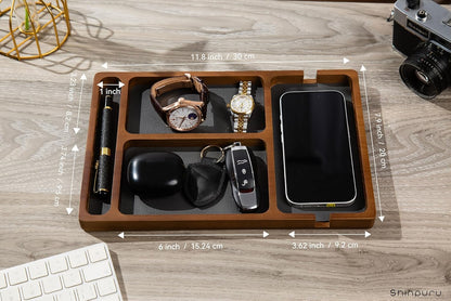 Shinpuru Wooden Valet Tray for Men, Nightstand Organizer with Leather Inlay, EDC Essentials Catchall Tray for Keys, Phone, Wallet, Watch, Earbuds - Bedside Desk Entryway Tray (Wood)