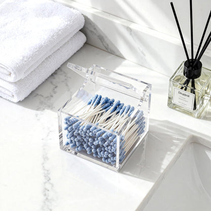 Clear Acrylic Cotton Swab Ball Holder Qtip Organizer with Lid 2-Grid Canister for Make Up Pads, Floss Picks, Vanity Storage,Bath Salts, Cosmetics, Home Bathroom Decor (DP004)