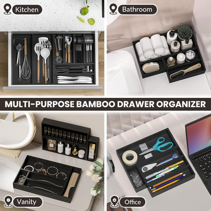Kitchen Drawer Organizer Bins, Stackable Bamboo Drawer Organizer for Silverware, Flatware, Coffee Pod Organizer K Cup Holder for Countertop, 2 Pcs Coffee Station Organizer 12" x 6" x 2.5"