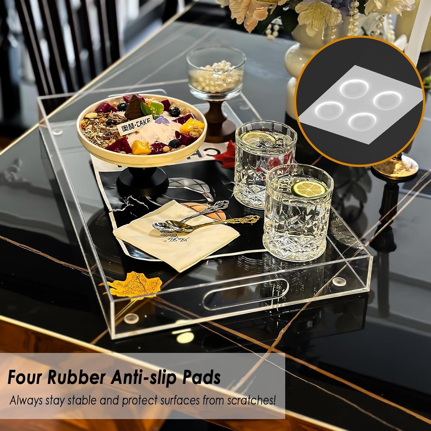 2 Pack Serving Tray with Handles, Clear Acrylic Tray for Serving Food, Large Outdoor Food Trays for Eating, Lucite Acrylic Trays for Appetizer, Pizza, Fruit and Drinks, Unbreakable, 16"×12"