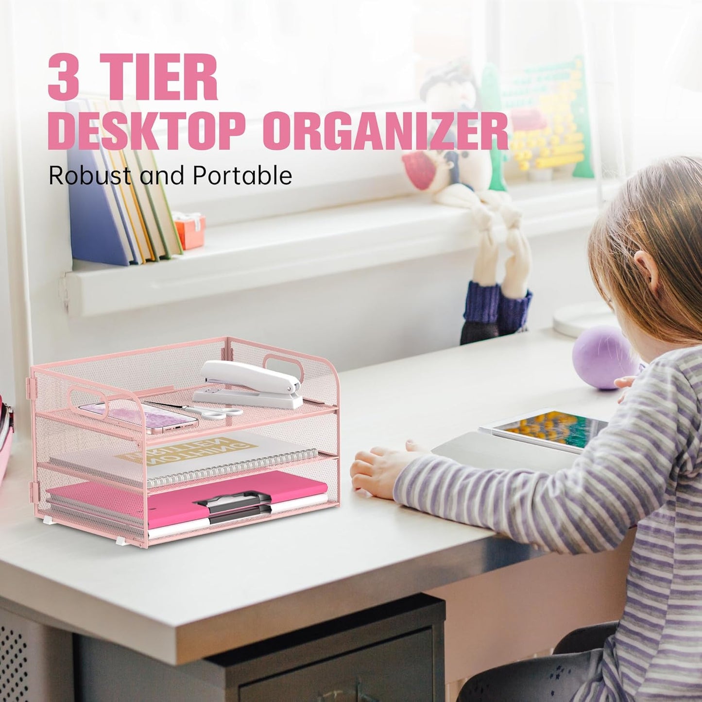 DALTACK 3 Tier Paper Organizer with Handle, Mesh Metal Desk Organizer with Sliding Paper Trays for Letter/A4 Paper, Mail, Bills & Folders, Black
