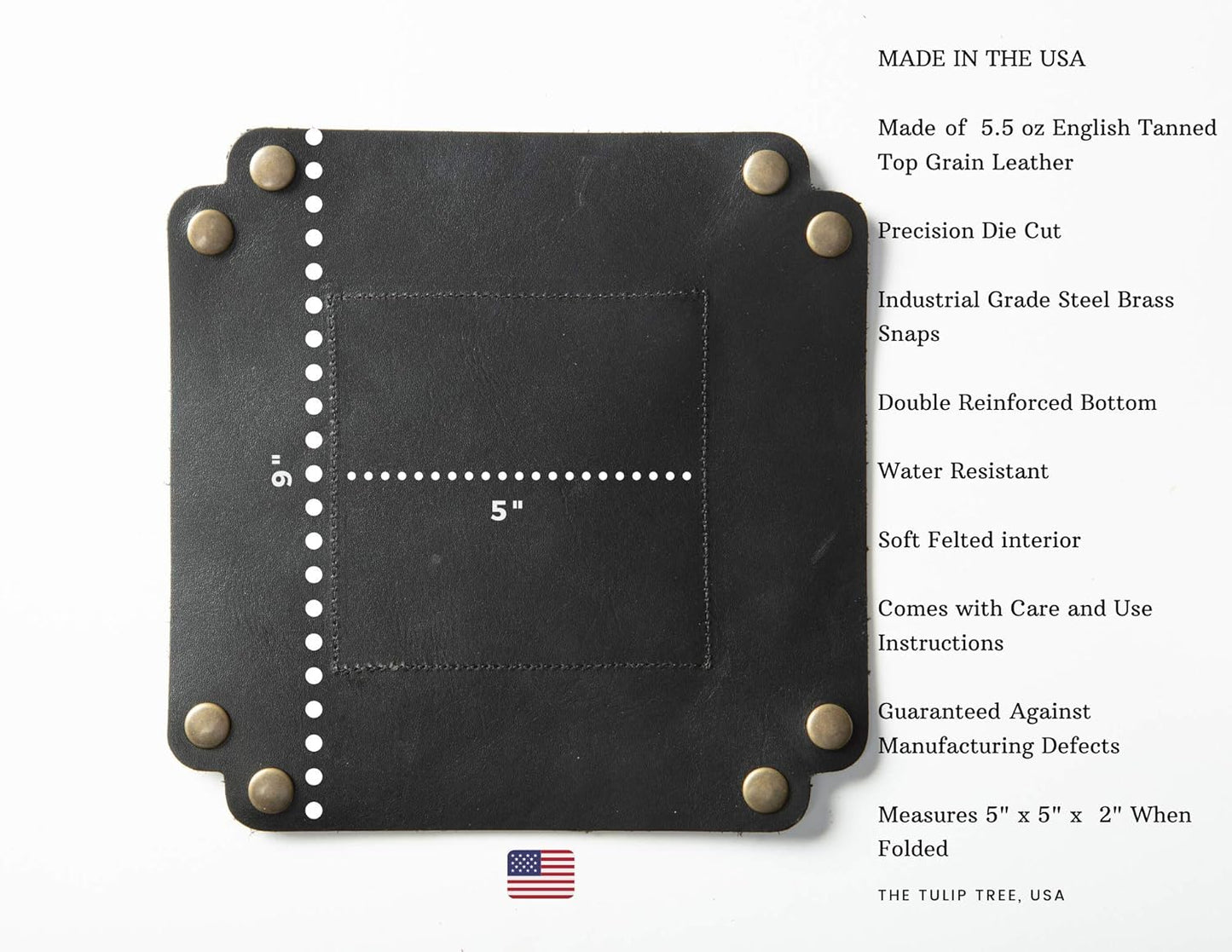 USA Handmade Premium Leather Valet Tray, Folds Flat! Dice Rolling Basket and Organizer with Brass Snaps - Reinforced Base - for Keys, Jewelry, Coin, EDC, Watch Storage Caddy - Black XLarge