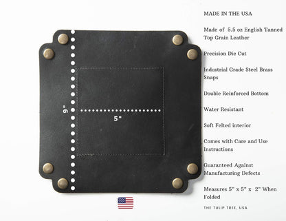 USA Handmade Premium Leather Valet Tray, Folds Flat! Dice Rolling Basket and Organizer with Brass Snaps - Reinforced Base - for Keys, Jewelry, Coin, EDC, Watch Storage Caddy - Black XLarge