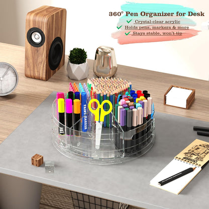 CraftGenes Rotating Desk Organizer, 360° Acrylic Pen Organizer for Desk with 7 Removable Compartments, Extra-Large Pen Holder for Office Supplies, Markers, and Art Supplies, Clear Pencil Holder