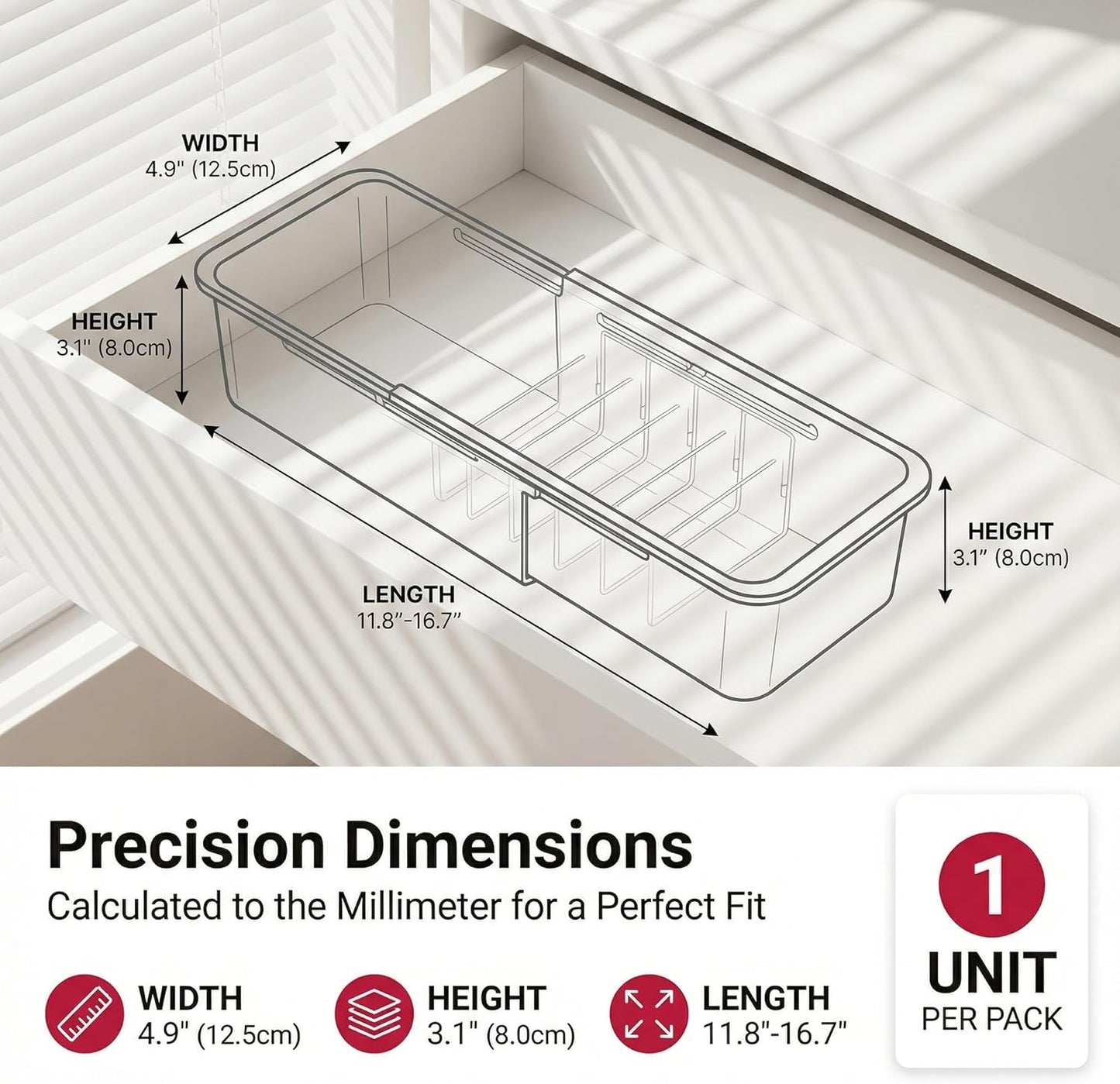 Li&Zhao Drawer Organizer- Adjustable Storage Bins with 5 Dividers, Gray Clear Drawer Organizer for Kitchen, Bedroom, and Office, Expandable clear organizer bins for Makeup, Utensils, and Gadgets