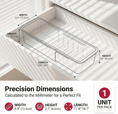 Li&Zhao Drawer Organizer- Adjustable Storage Bins with 5 Dividers, Gray Clear Drawer Organizer for Kitchen, Bedroom, and Office, Expandable clear organizer bins for Makeup, Utensils, and Gadgets