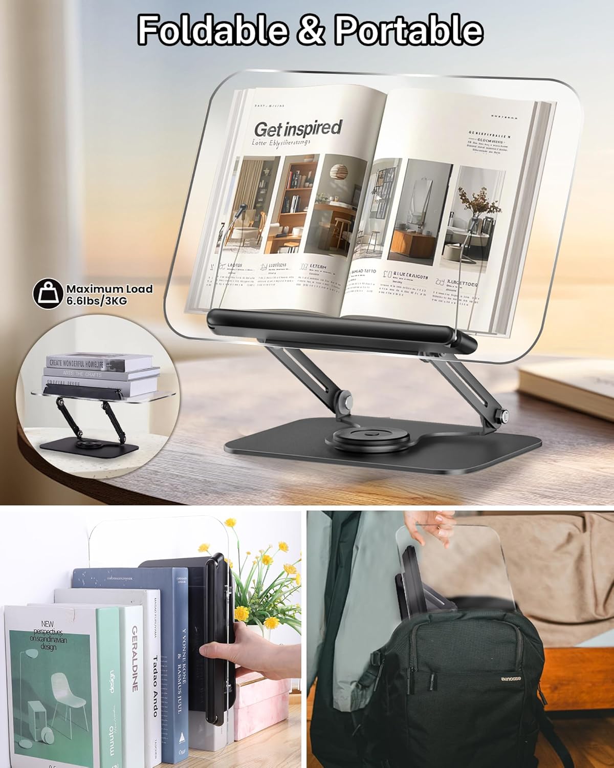 ASIEIT Desk Clamp Book Stand, Aluminum Book Holder Adjustable Height & Angle, Cookbook Stand for Kitchen, Recipe Book Holder with 360° Swivel Base, Book Stand for Reading, Office, Laptop