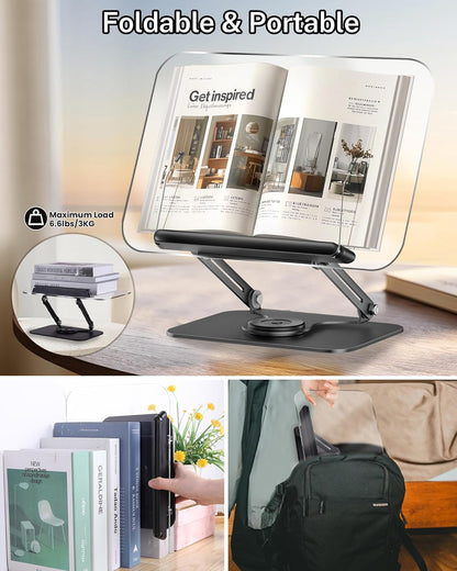ASIEIT Desk Clamp Book Stand, Aluminum Book Holder Adjustable Height & Angle, Cookbook Stand for Kitchen, Recipe Book Holder with 360° Swivel Base, Book Stand for Reading, Office, Laptop