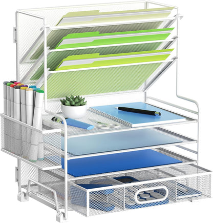 MINDEPOT 4-Tier Paper Organizer + 3-Pocket File Holder + Drawer + Pen Holders, Desktop File Organizers Paper Tray for Office Accessories School Classroom Organization (Black)