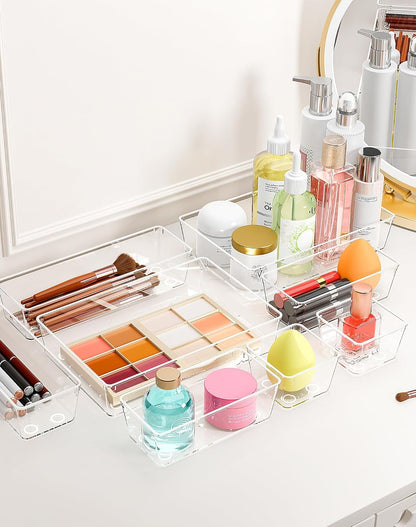 Clear Plastic Drawer Organizers Set of 45 Vanity trays Stackable Storage Bins Dividers Bathroom Organiser Storage Vanity Bins for Makeup, Kitchen Utensils, Jewelries, Office
