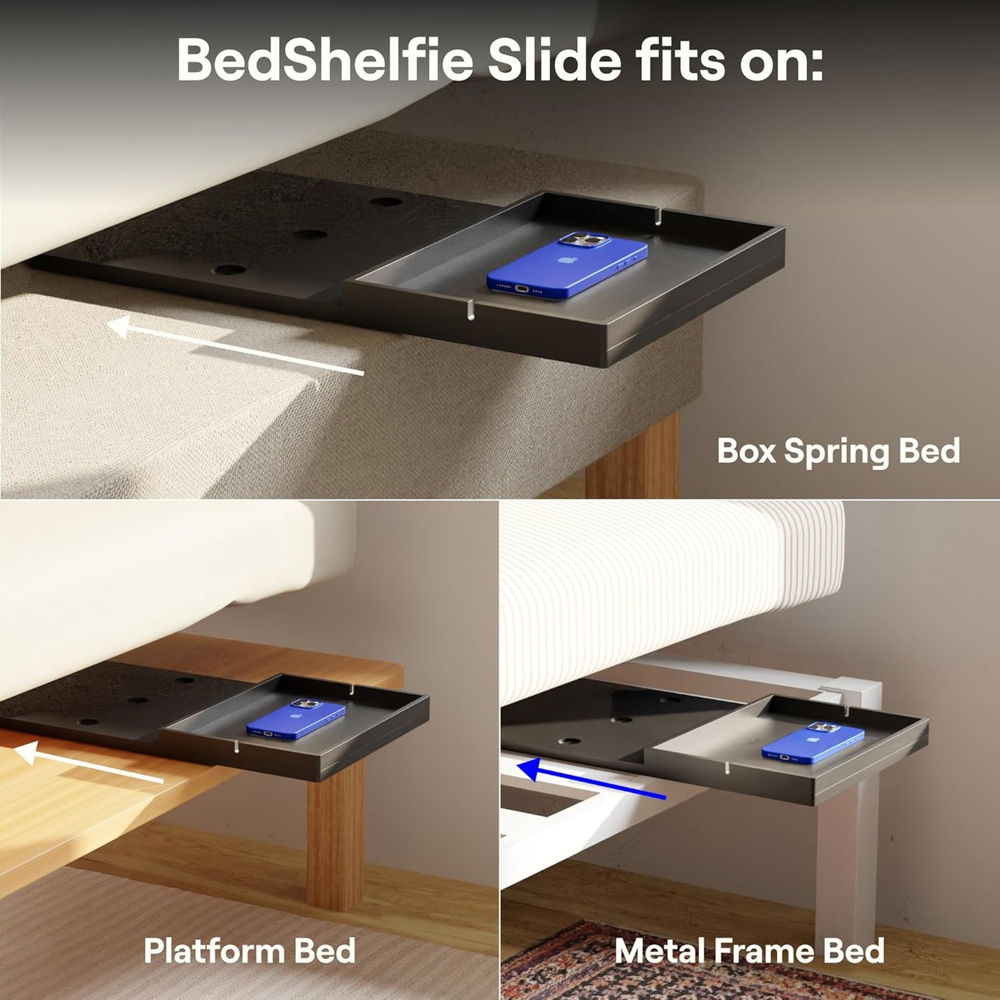 BedShelfie Bedside Shelf for Dorm Room Bunk Bed & Top Bunk, College Dorm Room Essentials, Bedside Caddy, Clip on Floating Desk Tray, Bed Side Table Storage, Loft Nightstand Decor - Black Wood Slide