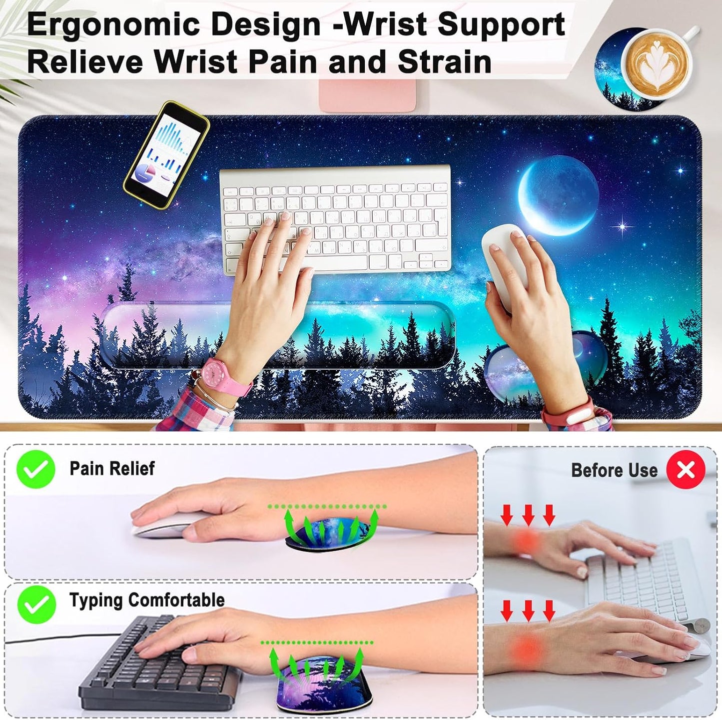 Keyboard Wrist Rest + Mouse Pad with Wrist Support + Desk Mat + Coaster 4 in 1 Set, XXL Large Gaming Mousepad Cute Ergonomic Mouse Pads for Desk Computer Laptop Office Decor-Beach