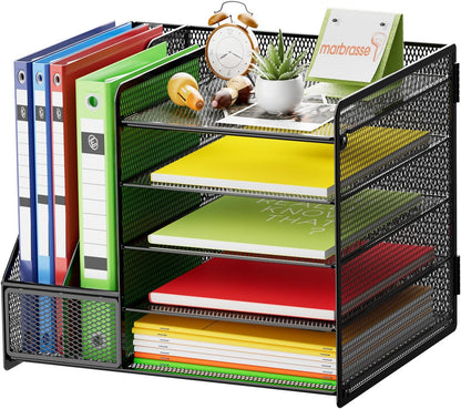 Marbrasse Desk Organizer with File Holder, 5-Tier Paper Letter Tray Organizer with Drawer and 2 Pen Holder, Mesh Desktop Organizer and Storage with Magazine Holder for Office Supplies(Black)
