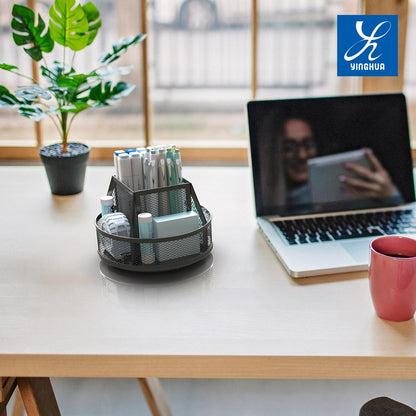 YINGHUA Metal Mesh Desk Organizer with 5 Compartments and Rotating Pencil Holder Pen and Stationery Organizer for Office Home School Anti Slip Base Blue