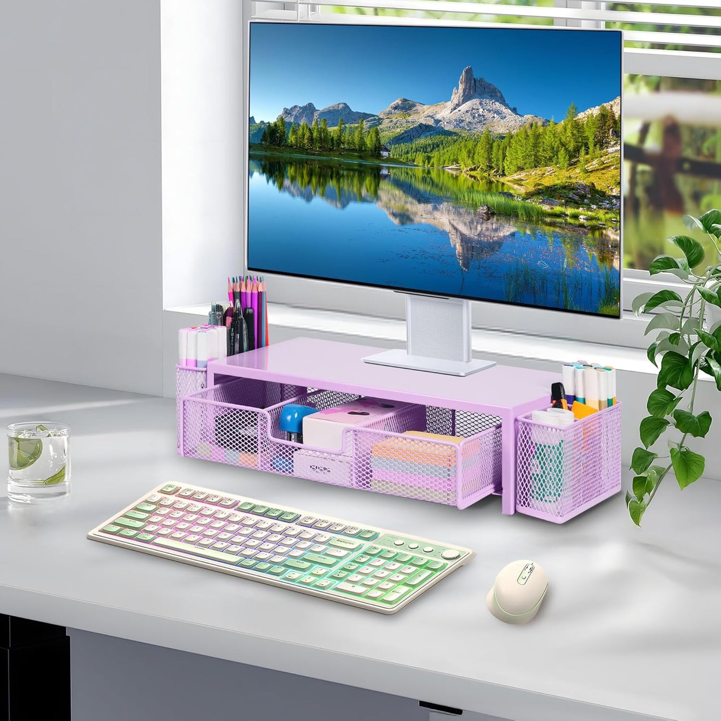 Qupui Computer Monitor Stand Riser with Drawer and Pen Holders, Desk Organizer Shelf and Accessories, Office Desk Accessories, Office Organization, Black