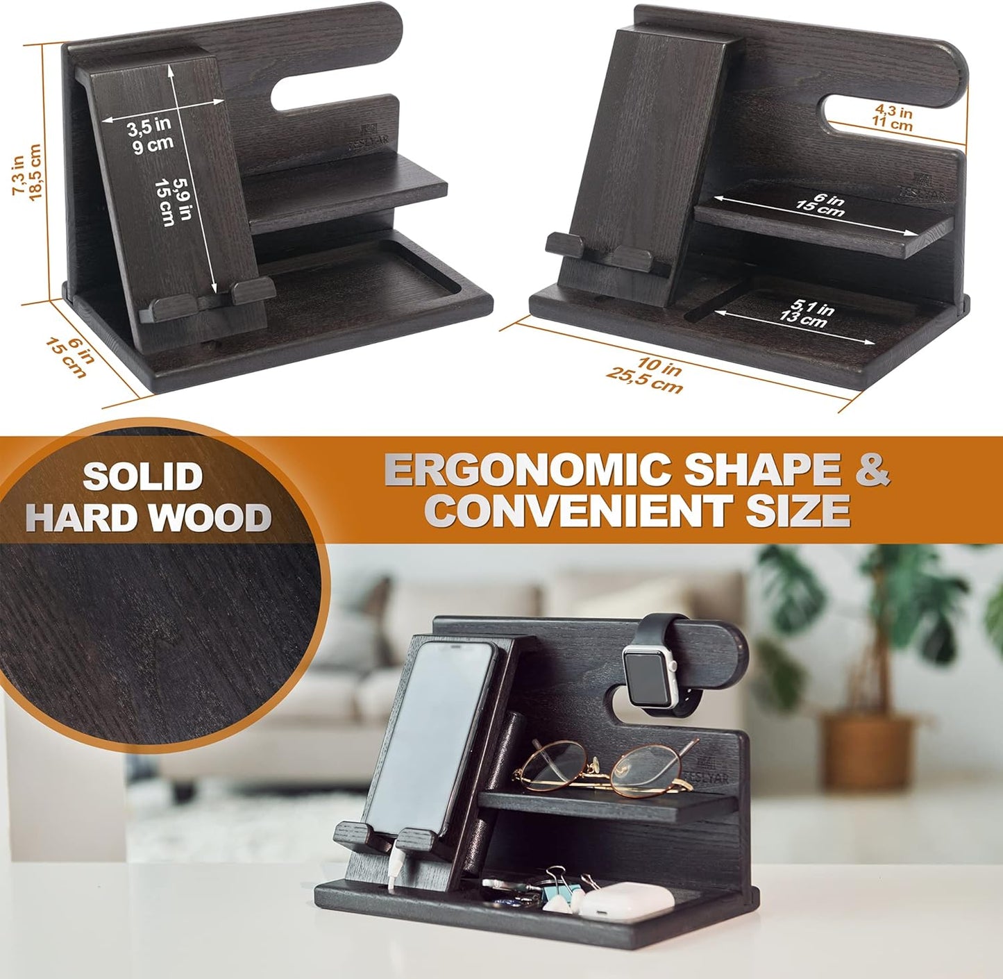TESLYAR Wood Phone Docking Station for Men - Desktop or Nightstand Organizer - Birthday Gifts for Men, Dad - Anniversary Idea from Wife - Key Holder, Stand Wallet, Watch & Essentials (Granite Black)