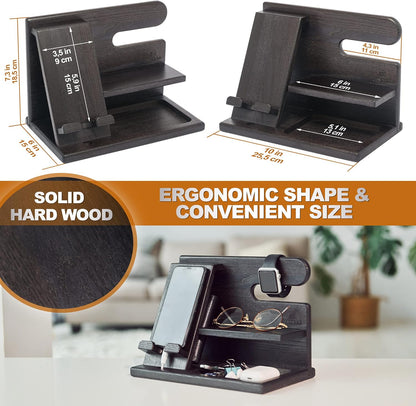 TESLYAR Wood Phone Docking Station for Men - Desktop or Nightstand Organizer - Birthday Gifts for Men, Dad - Anniversary Idea from Wife - Key Holder, Stand Wallet, Watch & Essentials (Granite Black)