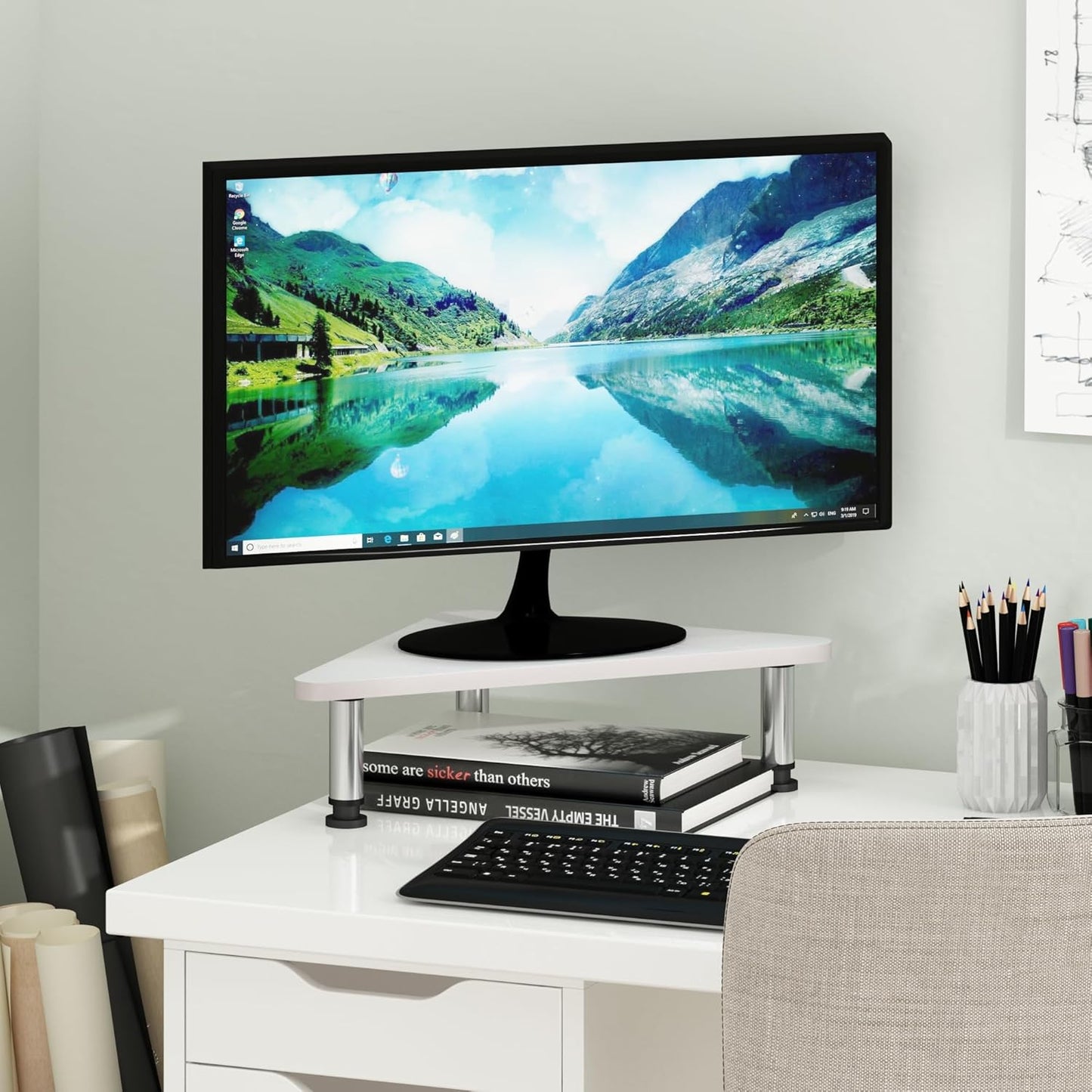 Furinno Turn-N-Tube Corner Monitor Riser Stand with Stainless Steel Tubes, Americano