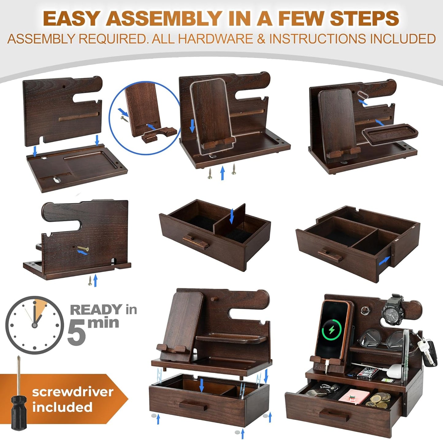 TESLYAR Wood Phone Docking Station with Drawer - Nightstand Organizer - Desk Organizer for Husband - Birthday Gifts for Men, Dad, Anniversary Idea, Key Holder Stand Watch & Accessories (Antique Brown)