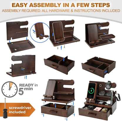 TESLYAR Wood Phone Docking Station with Drawer - Nightstand Organizer - Desk Organizer for Husband - Birthday Gifts for Men, Dad, Anniversary Idea, Key Holder Stand Watch & Accessories (Antique Brown)