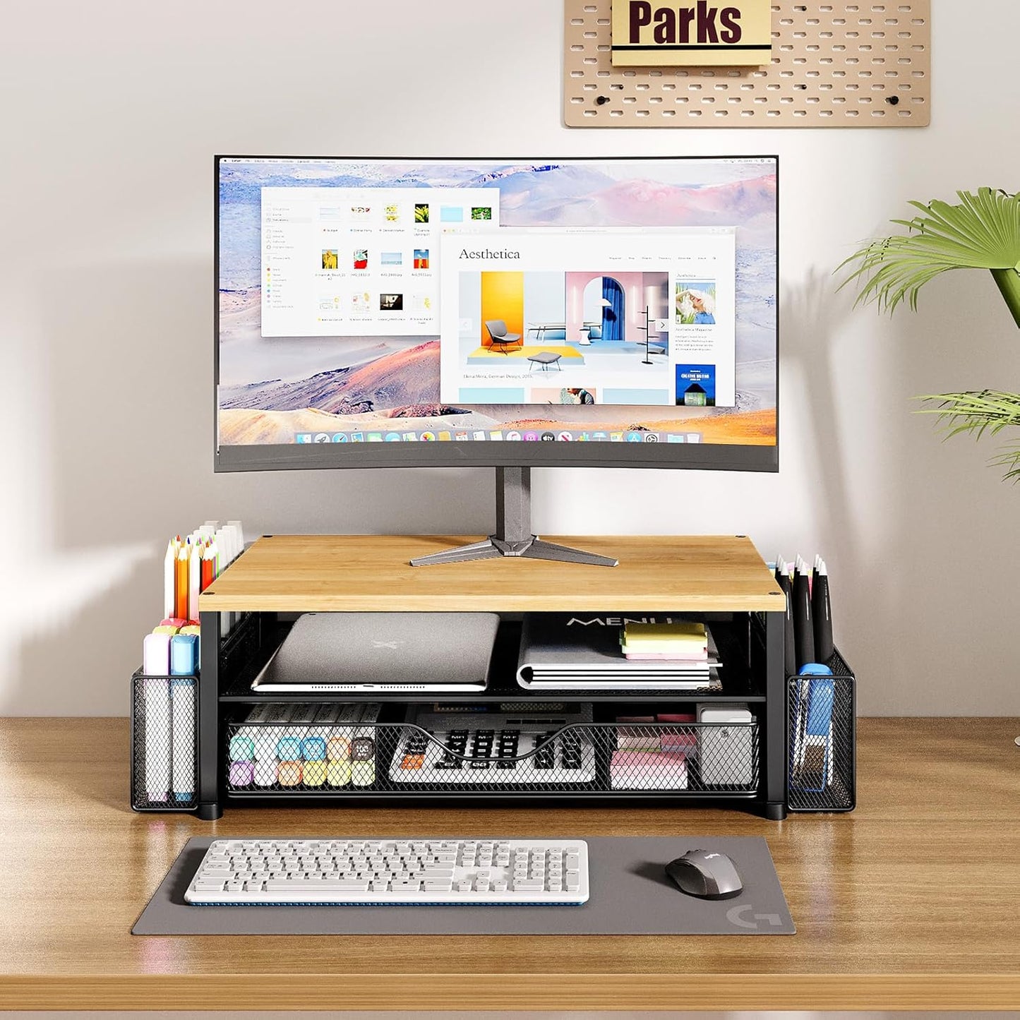 OPNICE Desk Organizers and Accessories, Computer Monitor Stand Riser with Drawer and 2 Pen Holders, Printer & Laptop Stand, Office Desk Accessories & Workspace Organizers for Home Office Supplies, Black
