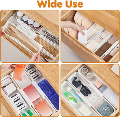 4 PCS Expandable Drawer Organizer, Adjustable Drawer Organizer Trays, Drawers Dividers Organizers and Storage For Office Supplies, Pens, Makeup,Utensils, Tools, Flatware and Junks, White