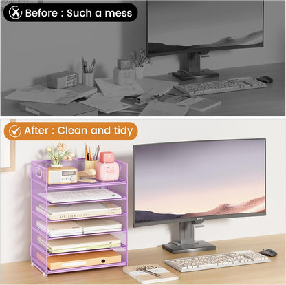 Subekyu 6 Tier Office File Paper Desk Tray Organizer with Handle, Stackable Slide Mesh Letter Tray Folder Blue Desk Organizer, Desktop Document Sorter for Classroom, Office, Home Supplies Storage